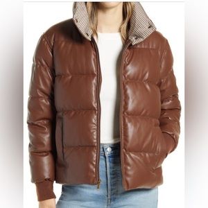 NWT Sam Edelman Faux Leather Puffer Jacket & Plaid Collar- XS